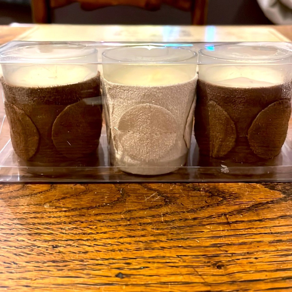 Set of Three Candles with brown and cream decorative holders. New in Box